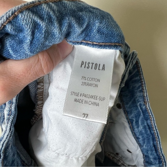 Pistola Distressed Cut-Off Blue Jean Shorts Contrast Back Pocket Size 27 Raw Hem - Picture 6 of 8